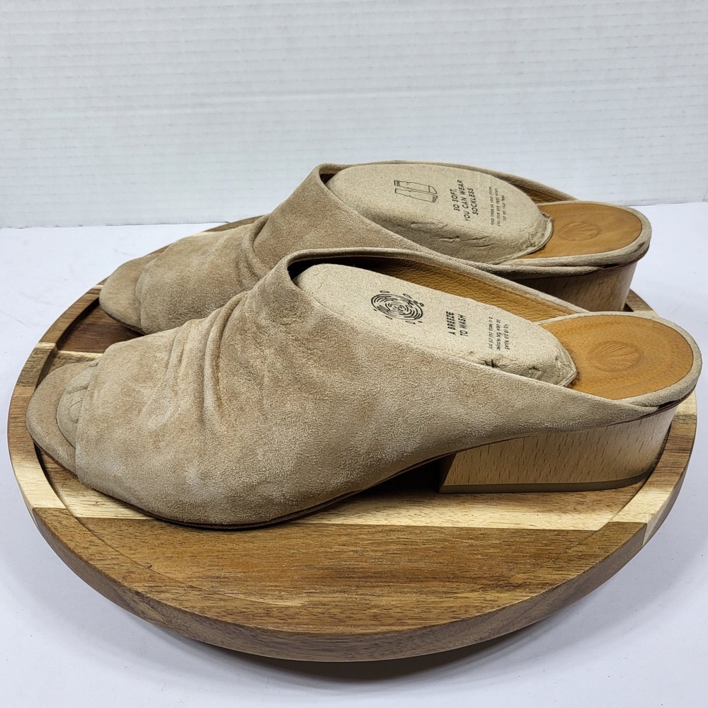 Coclico 35681 Women Sand Ruched Suede Peep Toe Wood Block Heel Mules Size 40 EU - Picture 5 of 13